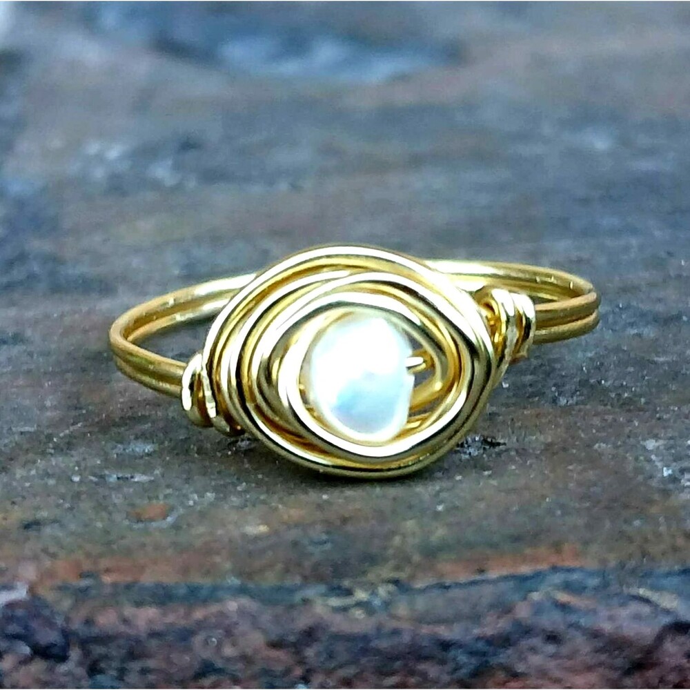 Dainty Pearl Beaded Ring, Wire Wrapped, Gold, Size 10, Minimalist